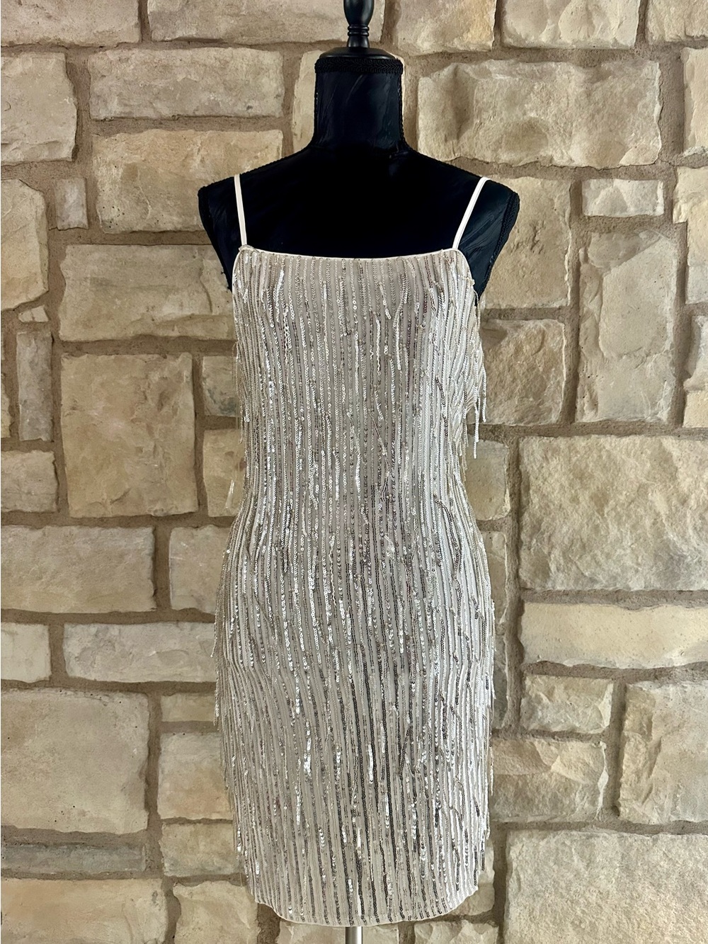 Silver Sequin Fringe Spaghetti-Strap Dress